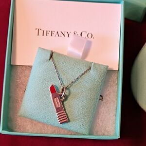 Tiffany & Co. Silver Lipstick Pendant Necklace with Red Detail
